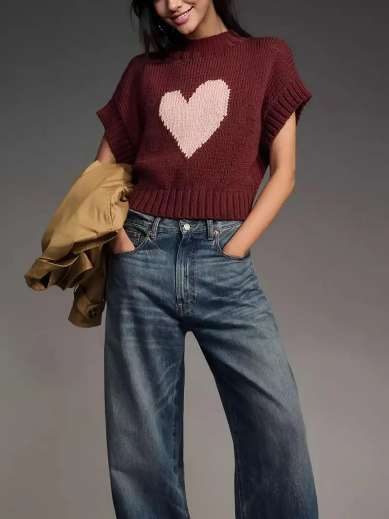 Cotton Crew Neck Sweater with Heart Pattern