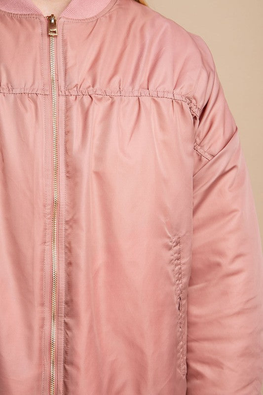 
                      
                        Zip Front Ruched Back Bomber Jacket
                      
                    