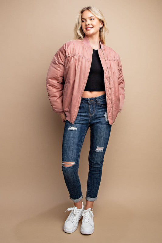 
                      
                        Zip Front Ruched Back Bomber Jacket
                      
                    