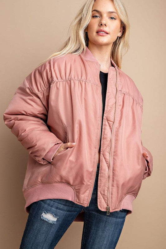 Zip Front Ruched Back Bomber Jacket