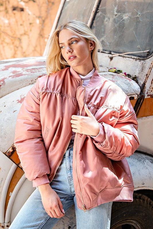 
                      
                        Zip Front Ruched Back Bomber Jacket
                      
                    