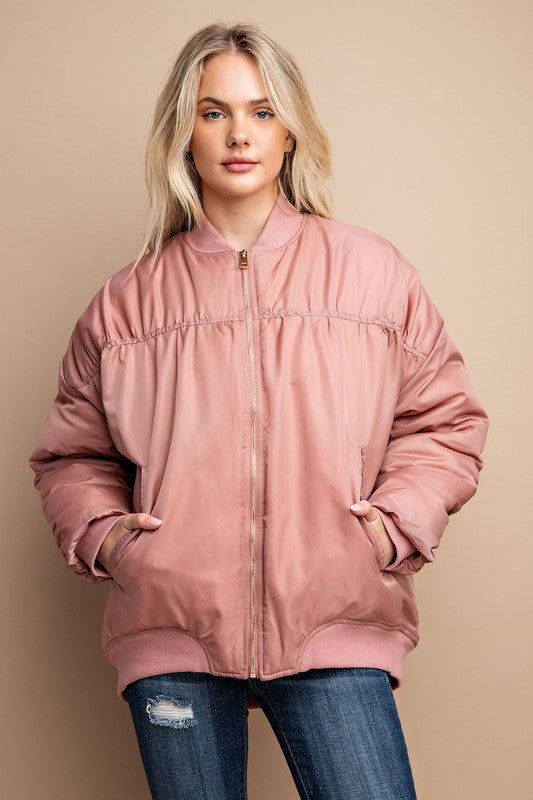 
                      
                        Zip Front Ruched Back Bomber Jacket
                      
                    