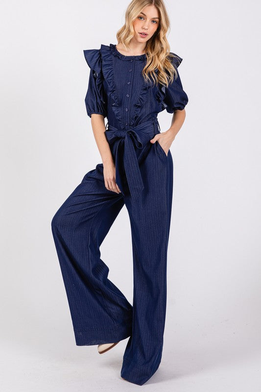 
                      
                        Wide Leg Denim Jumpsuit
                      
                    