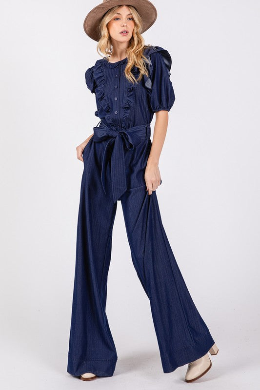 
                      
                        Wide Leg Denim Jumpsuit
                      
                    