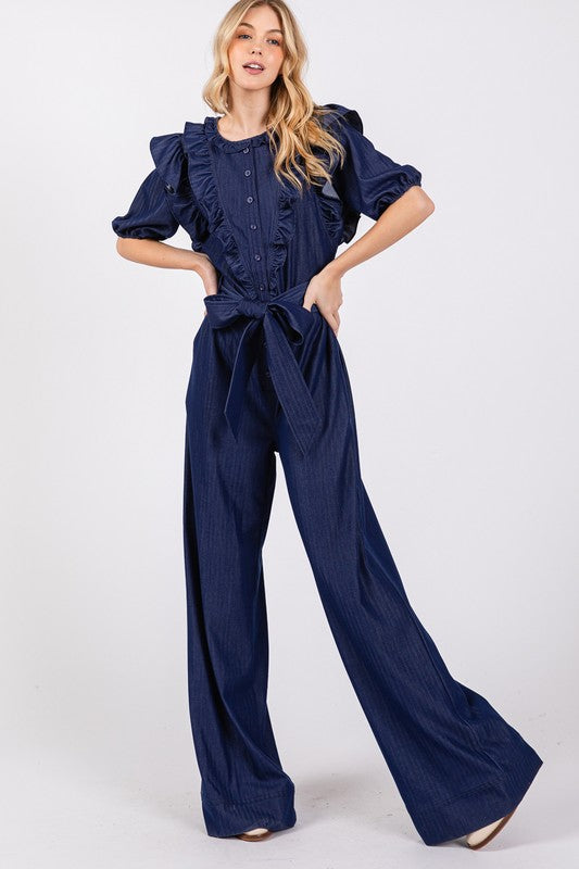 
                      
                        Wide Leg Denim Jumpsuit
                      
                    