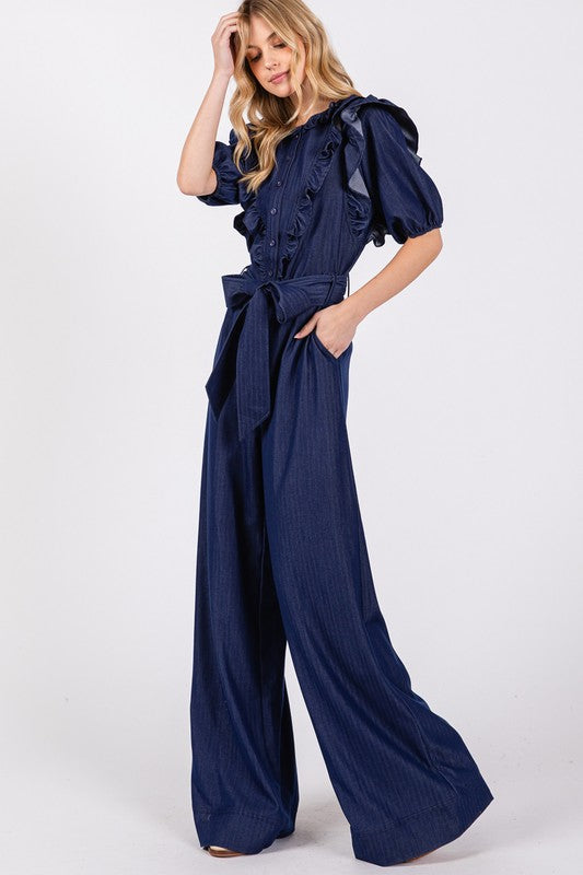 
                      
                        Wide Leg Denim Jumpsuit
                      
                    