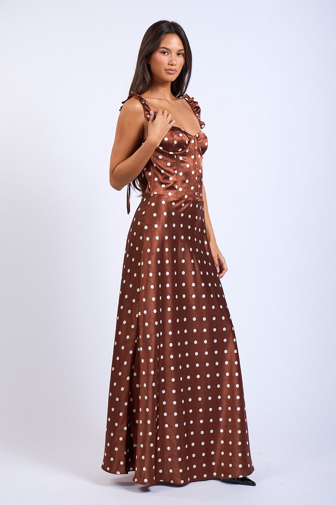 
                      
                        Brown Polka Dot Corset Style Fit & Flare Maxi Dress
                      
                    