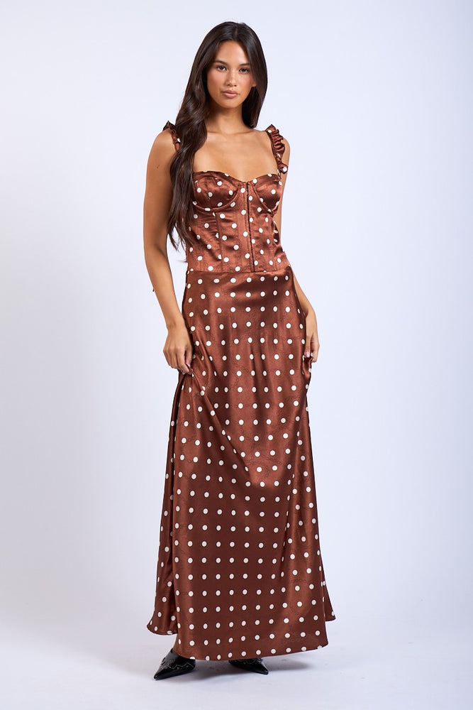 
                      
                        Brown Polka Dot Corset Style Fit & Flare Maxi Dress
                      
                    