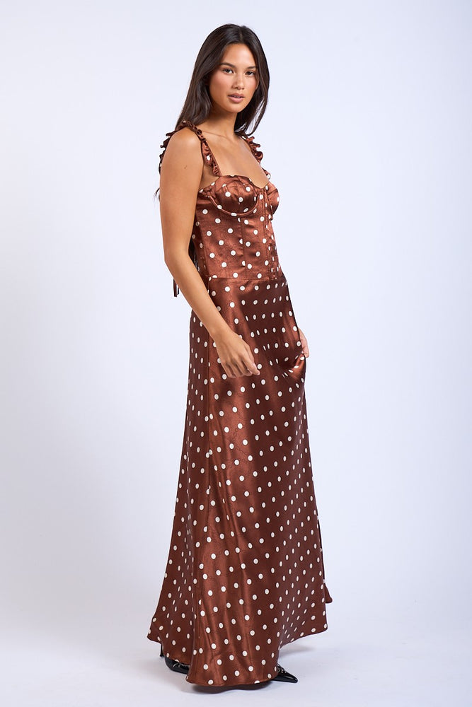 
                      
                        Brown Polka Dot Corset Style Fit & Flare Maxi Dress
                      
                    