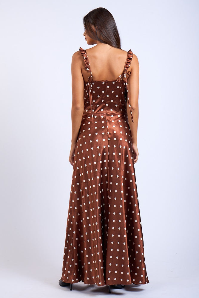 
                      
                        Brown Polka Dot Corset Style Fit & Flare Maxi Dress
                      
                    