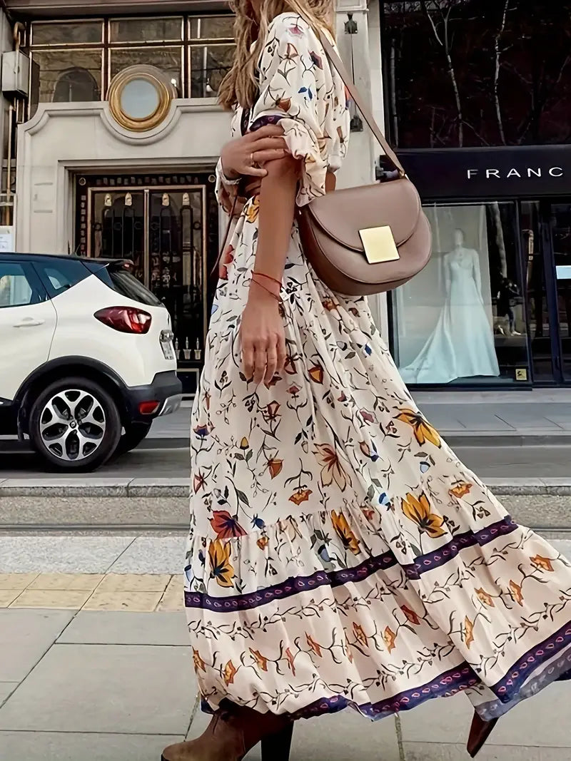 Floral Printed Long Lantern Sleeve Tiered Maxi Dress