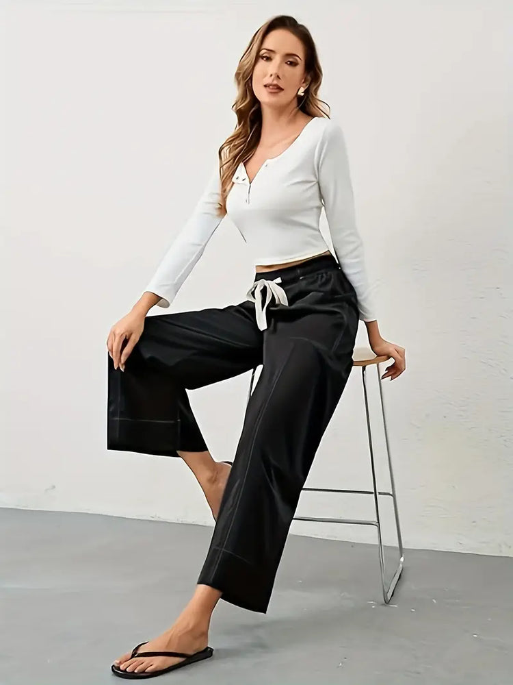 Solid Slant Pockets Wide Leg Pants