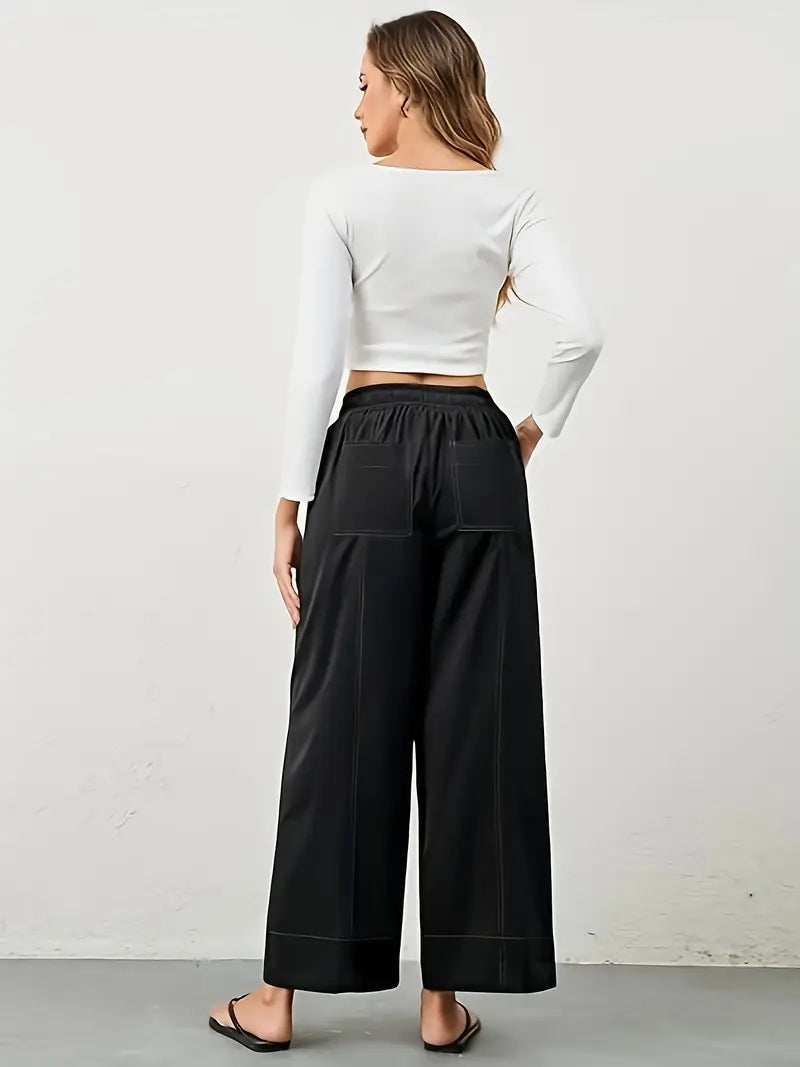 Solid Slant Pockets Wide Leg Pants