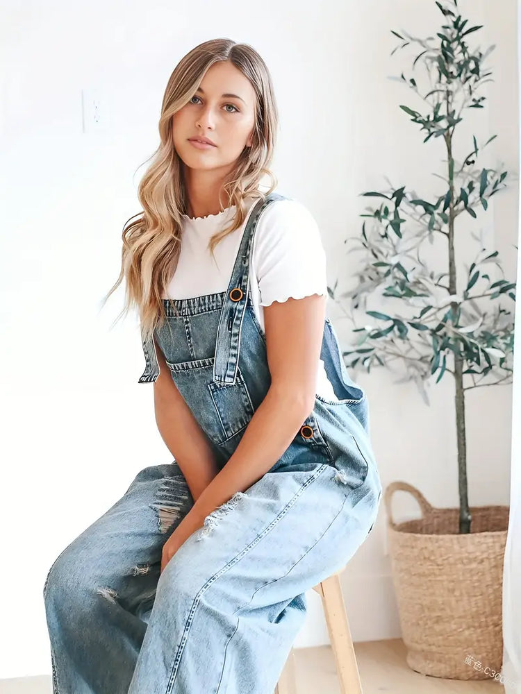 
                      
                        Denim Overalls Loose Adjustable Strap Distressed Bib
                      
                    