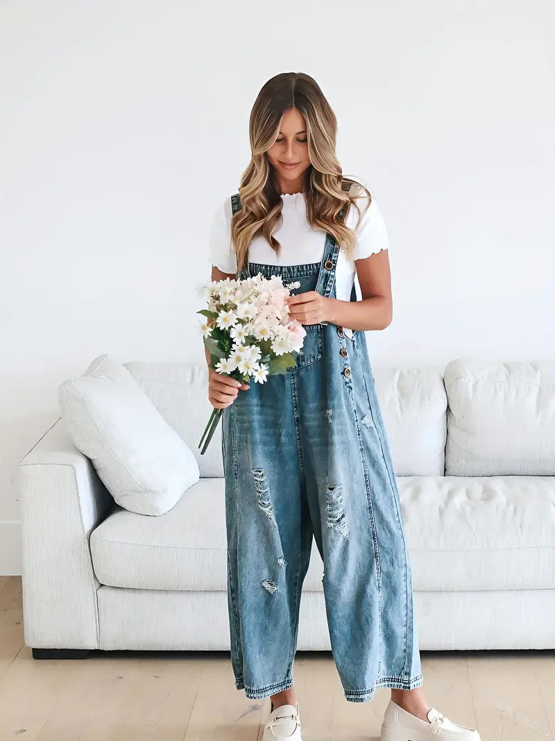 Denim Overalls Loose Adjustable Strap Distressed Bib