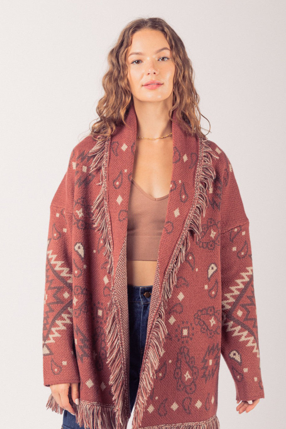 Aztec Graphic Shawl Collar Sweater Knit Cardigan