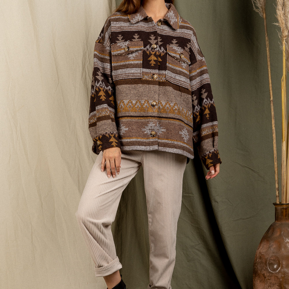 
                      
                        Aztec Pattern Collared Casual Jacket
                      
                    