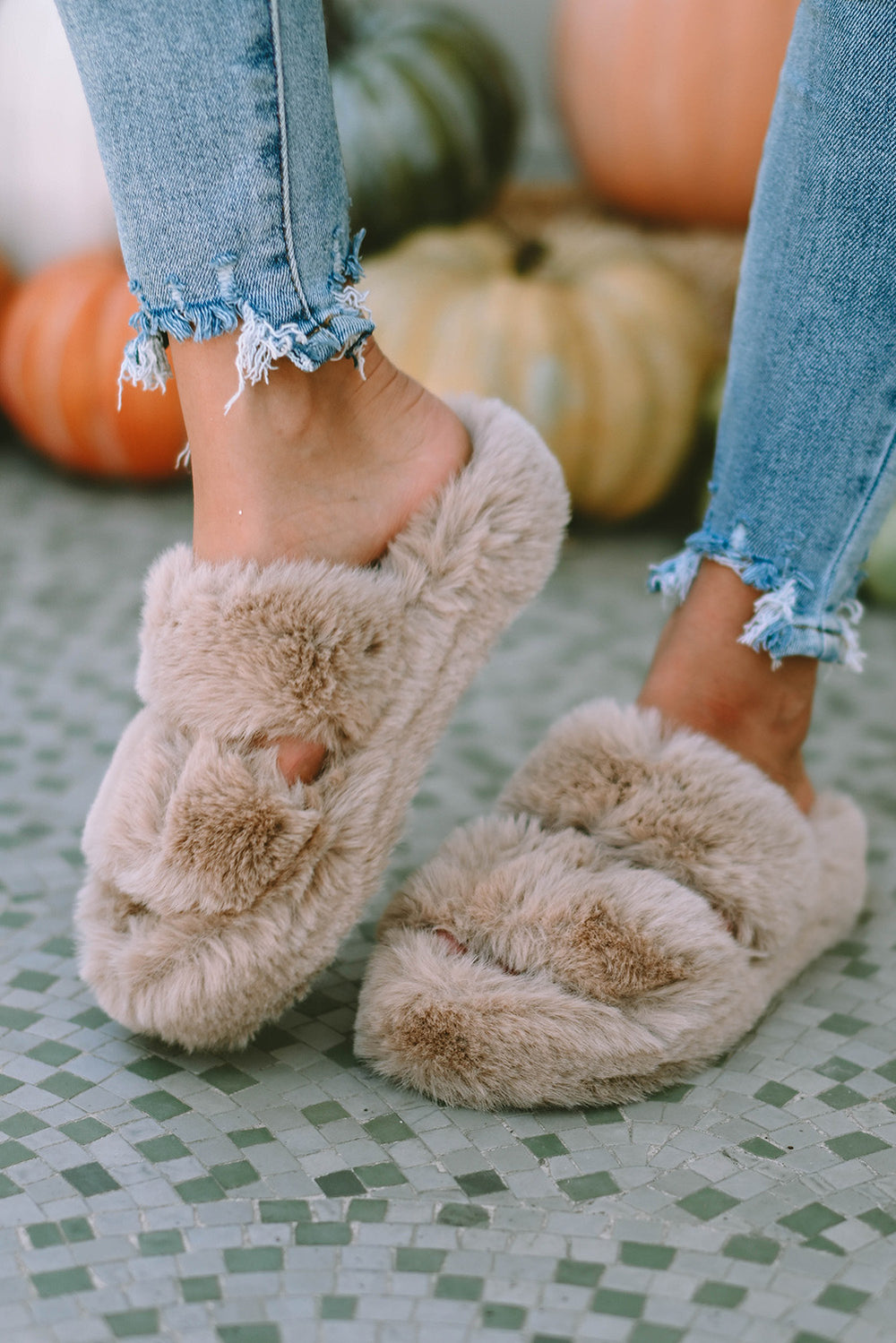 Brown Plush Hollow Out Slipper