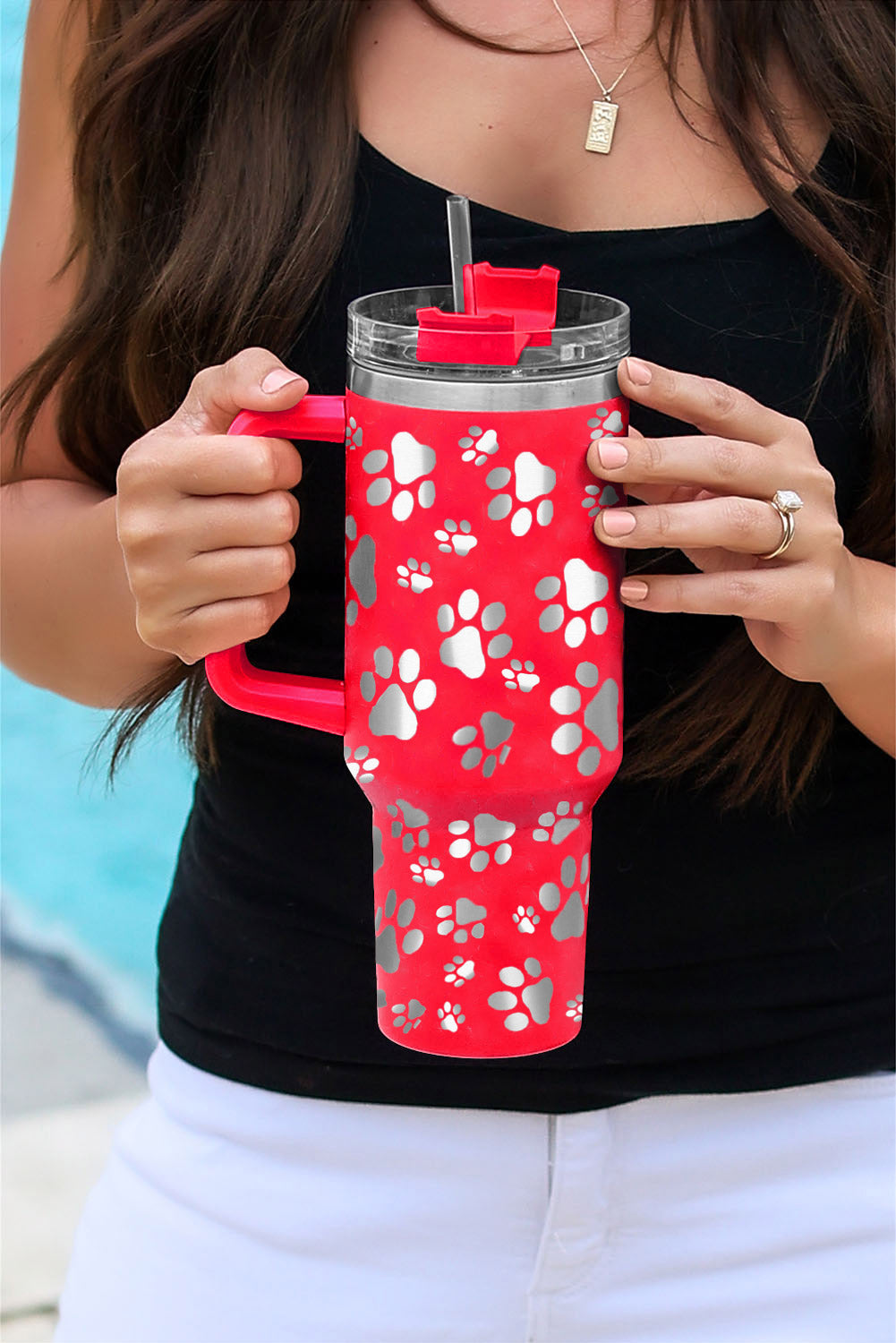 Fiery Red 40 oz Dog Paw Print Stainless Steel Thermos Cup