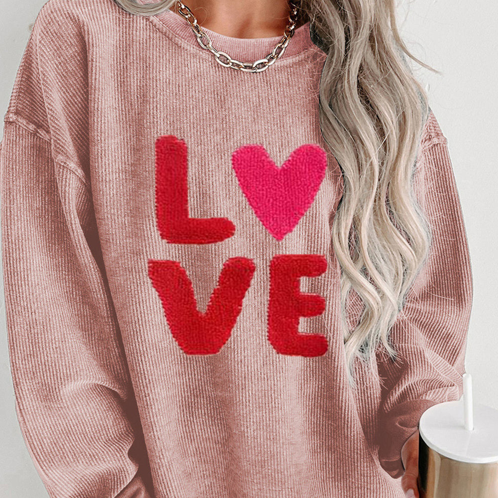 Pink LOVE Chenille Embroidered Corded Sweatshirt