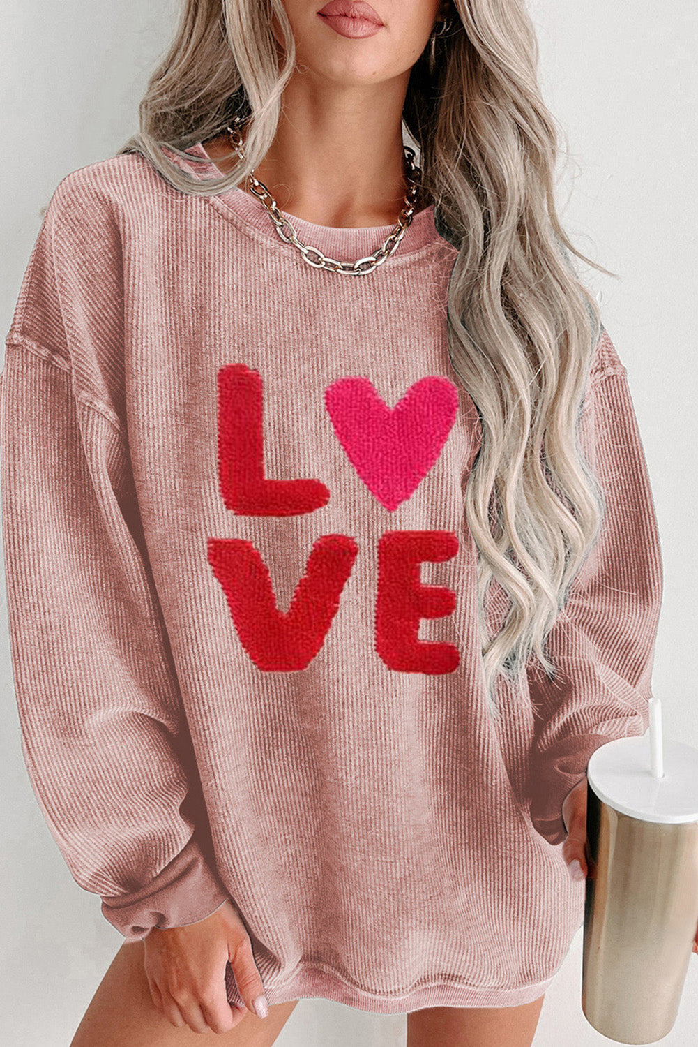 Pink LOVE Chenille Embroidered Corded Sweatshirt