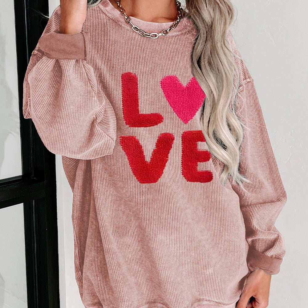 Pink LOVE Chenille Embroidered Corded Sweatshirt