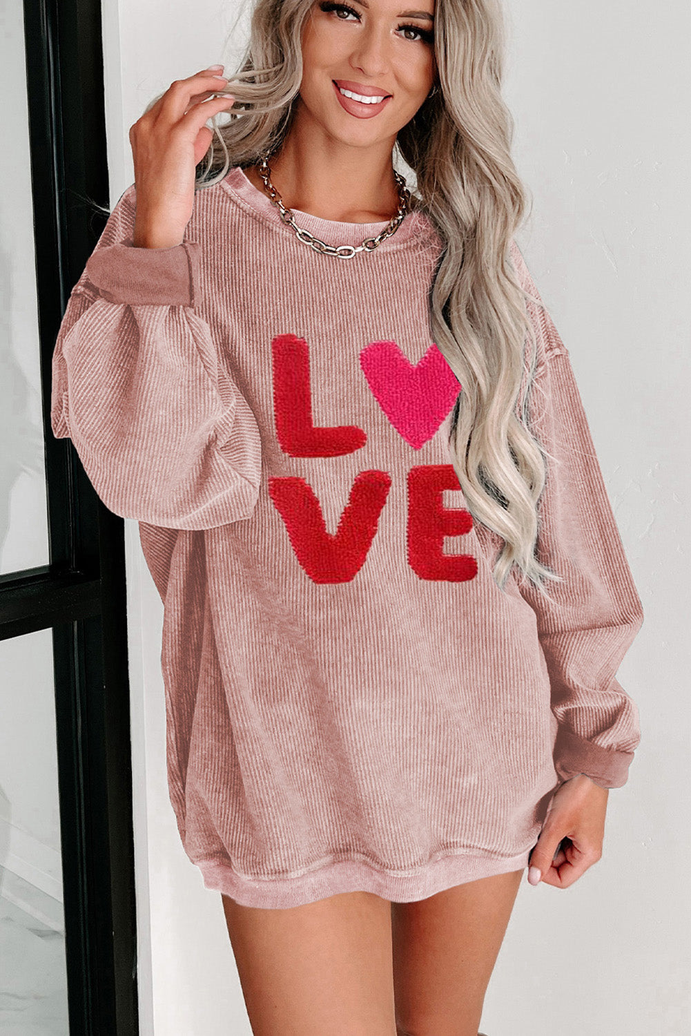 Pink LOVE Chenille Embroidered Corded Sweatshirt