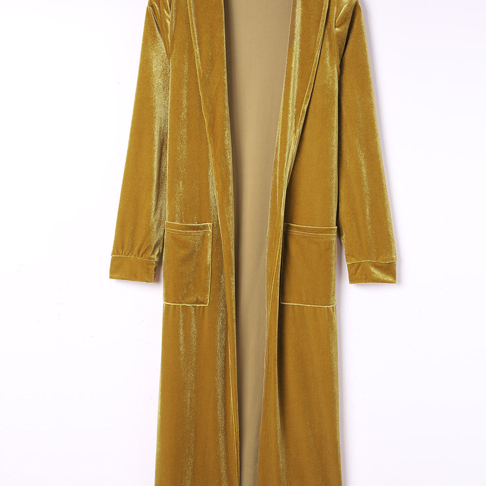 
                      
                        Yellow Velvet Open Front Pocketed Long Duster
                      
                    