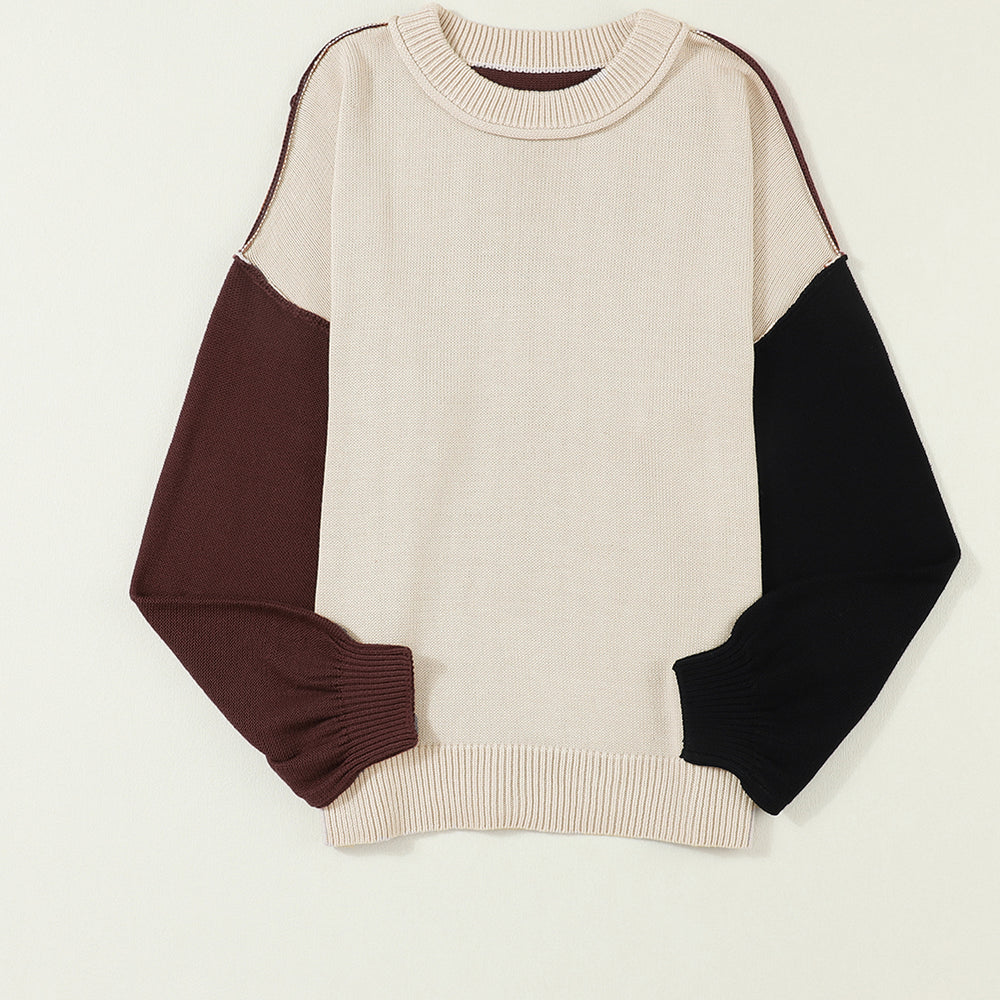 
                      
                        Coffee Colorblock Bishop Sleeve Ribbed Trim Sweater
                      
                    