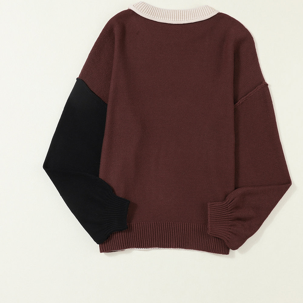 
                      
                        Coffee Colorblock Bishop Sleeve Ribbed Trim Sweater
                      
                    