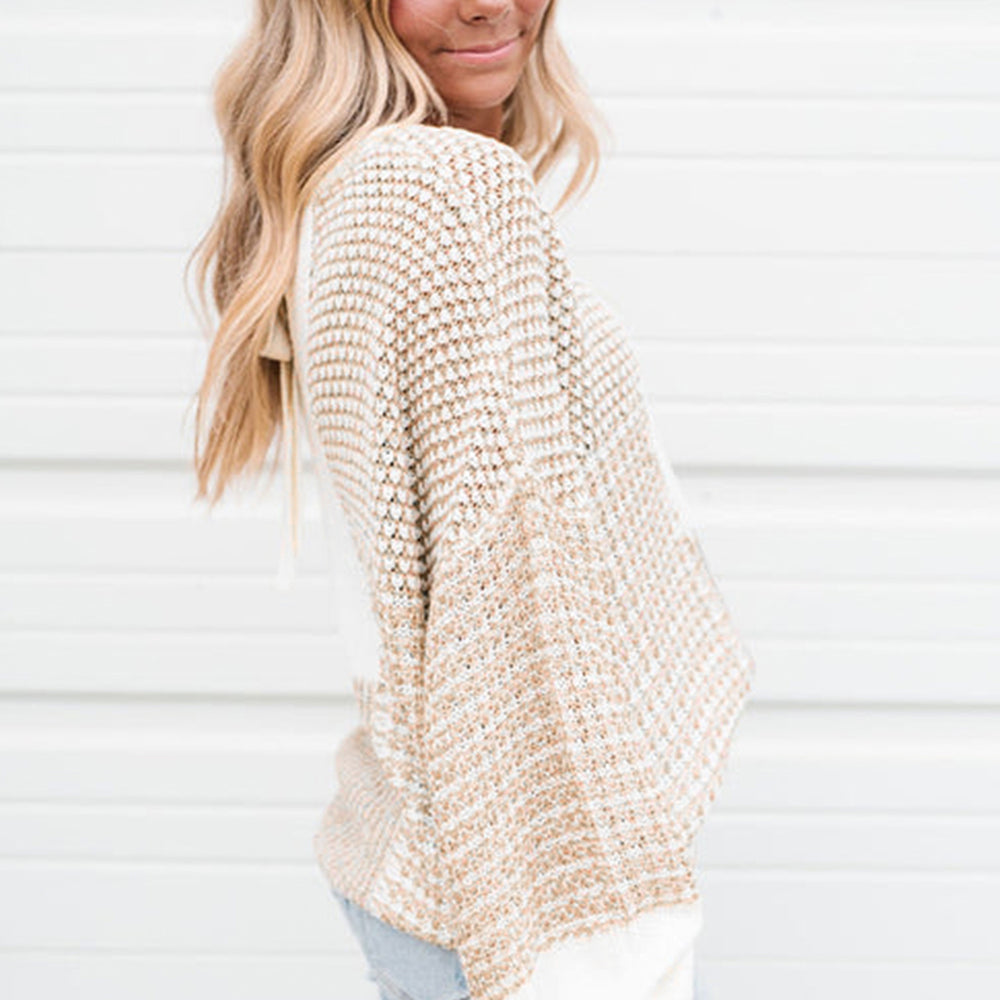 
                      
                        Oatmeal Mixed Pattern Knit Tie Keyhole Drop Shoulder Sweater
                      
                    