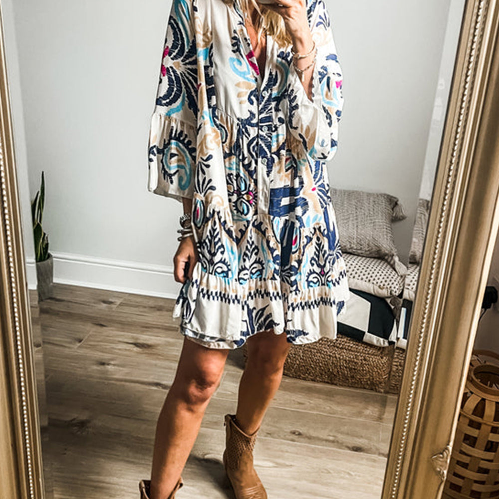 
                      
                        White Printed Tribal Print Bracelet Sleeve Buttoned Mini Dress
                      
                    