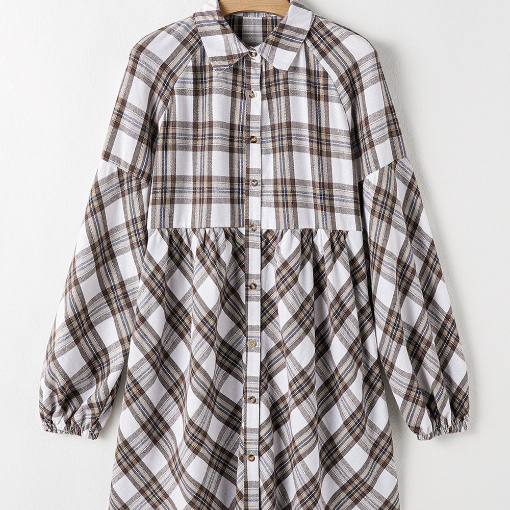 White Plaid Bubble Sleeve Flowy Shirt Dress