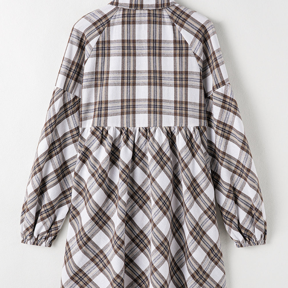 White Plaid Bubble Sleeve Flowy Shirt Dress