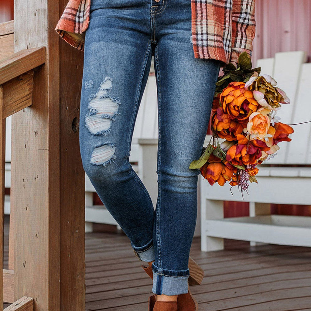 Blue Distressed Button Fly High Waist Skinny Jeans