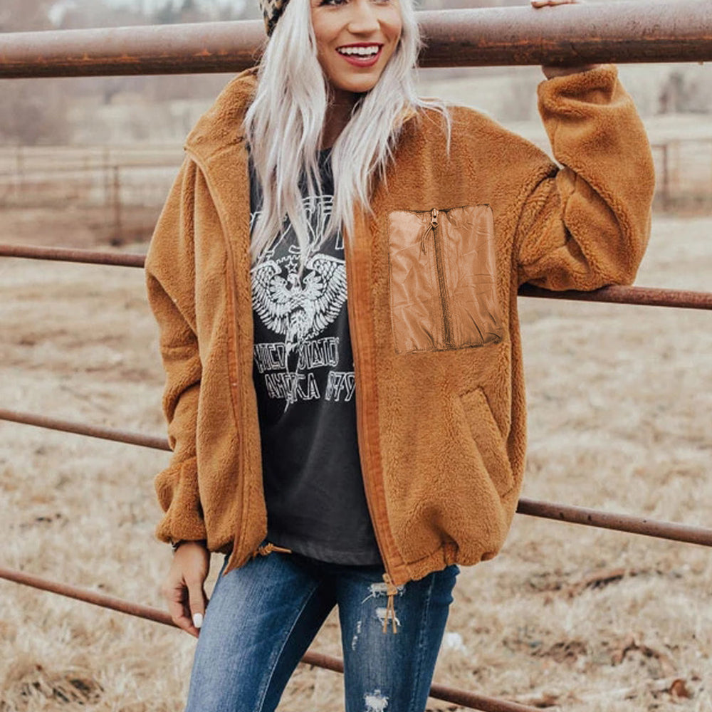 
                      
                        Brown Black Zip Up Sherpa Coat with Pockets
                      
                    