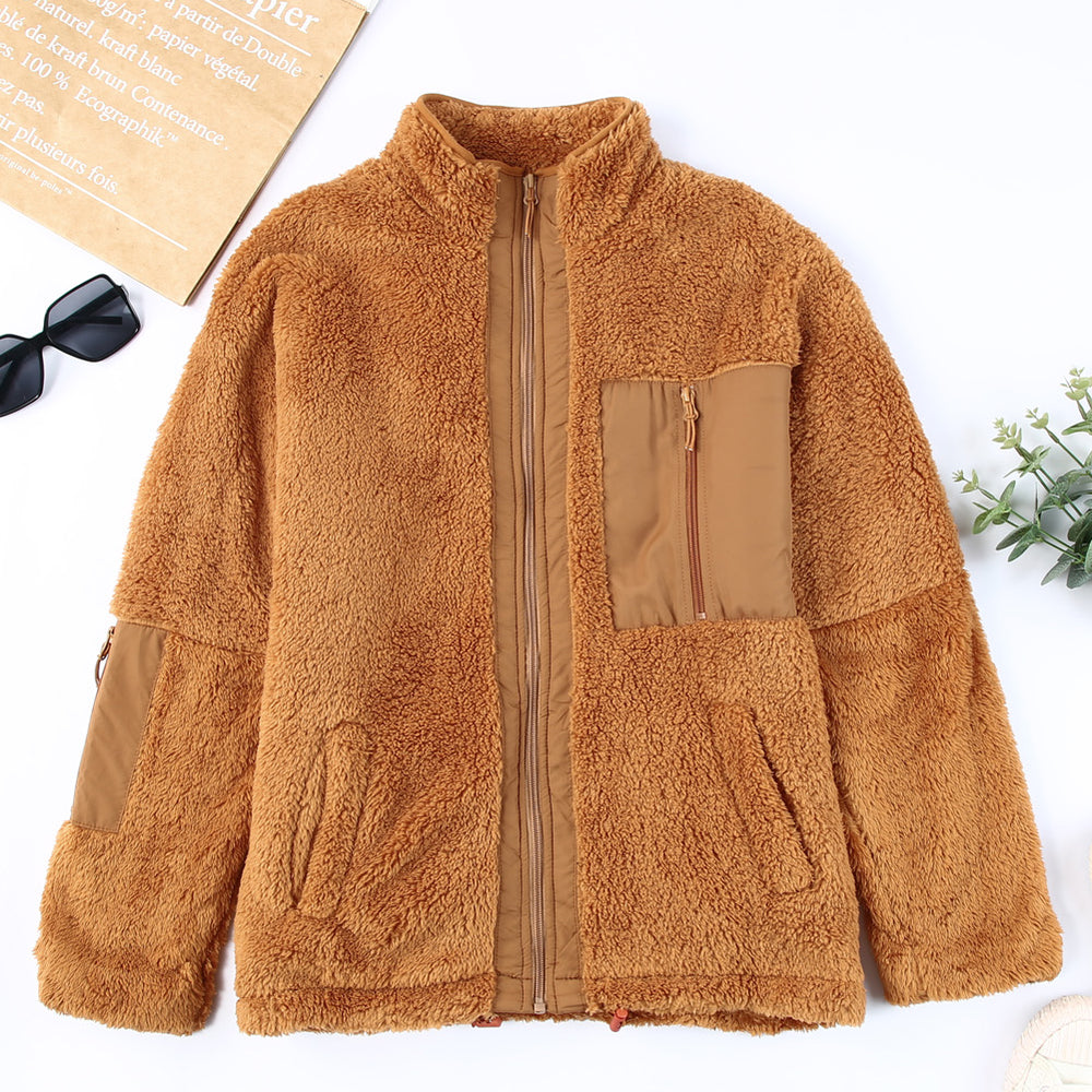 
                      
                        Brown Black Zip Up Sherpa Coat with Pockets
                      
                    