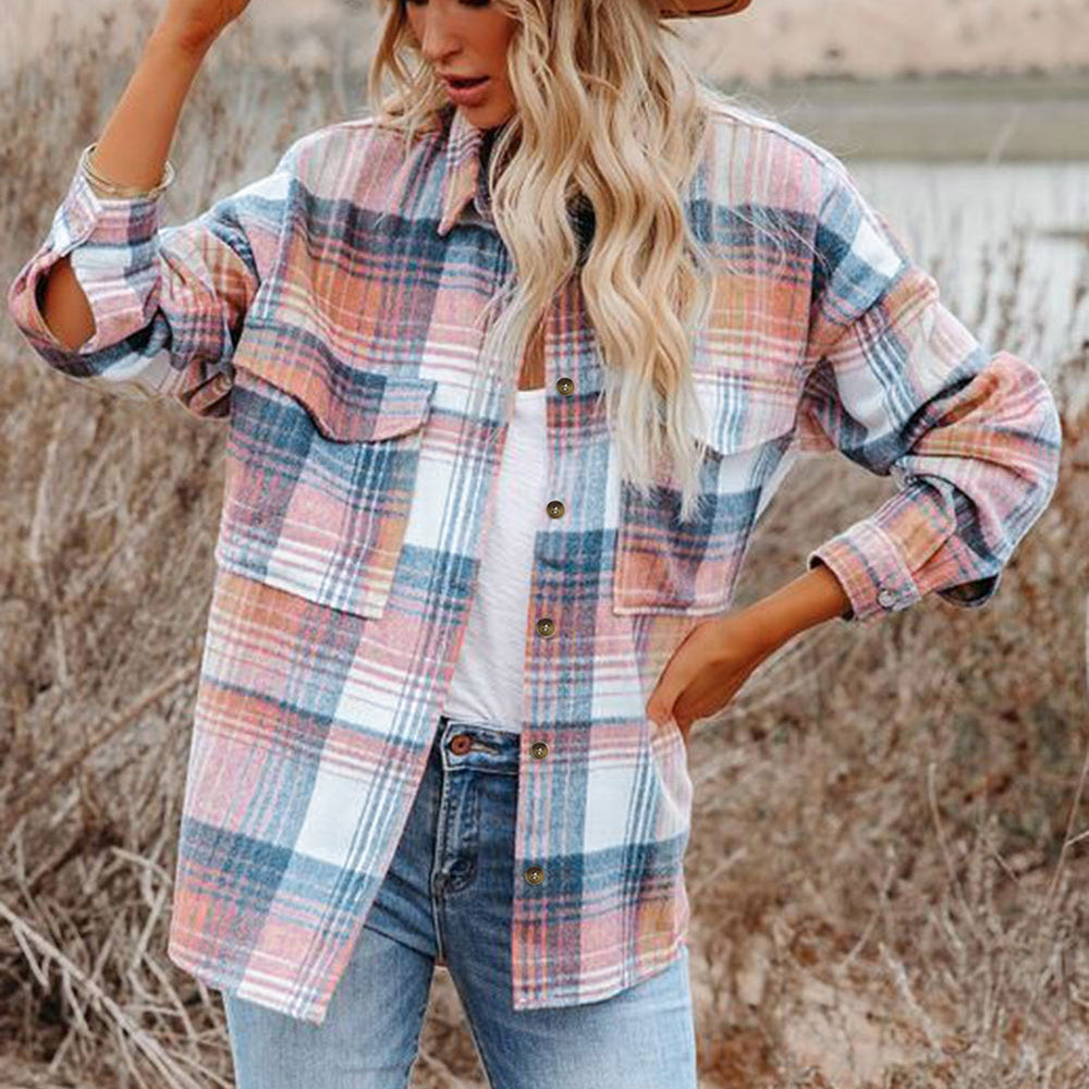 Pink Plaid Flap Pockets Shacket