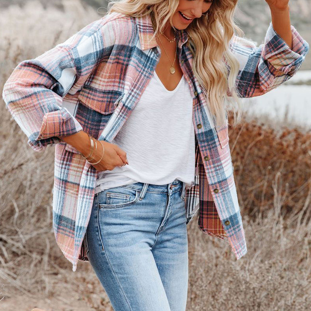 
                      
                        Pink Plaid Flap Pockets Shacket
                      
                    