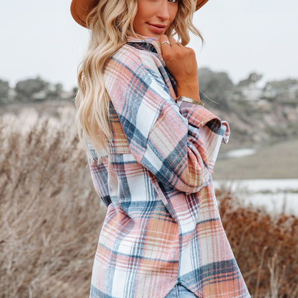 
                      
                        Pink Plaid Flap Pockets Shacket
                      
                    