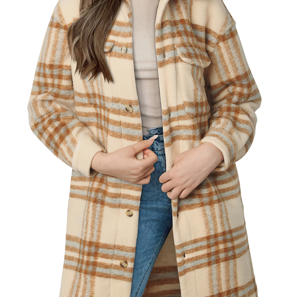 
                      
                        Brown Plaid Print Flap Pockets Button-up Long Jacket
                      
                    