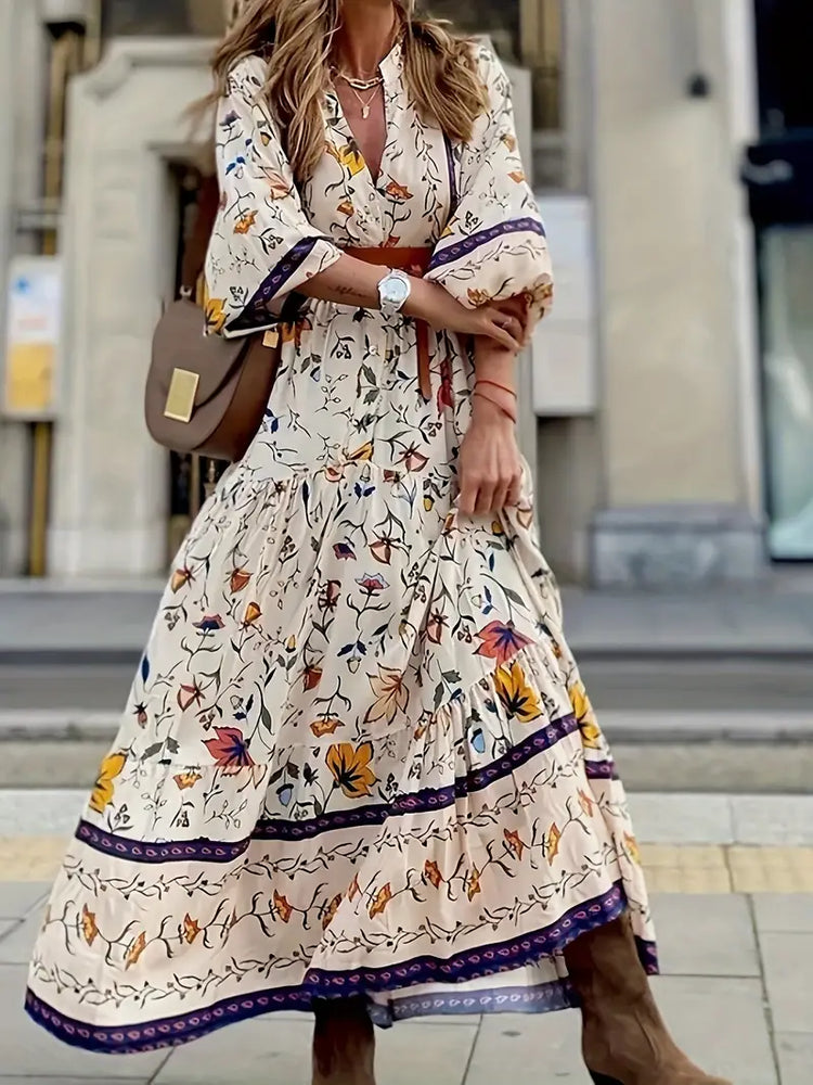 
                      
                        Floral Printed Long Lantern Sleeve Tiered Maxi Dress
                      
                    