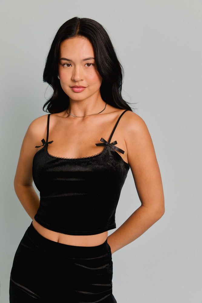 
                      
                        Black Bow Accent Tank Top and Bottom in Velour
                      
                    